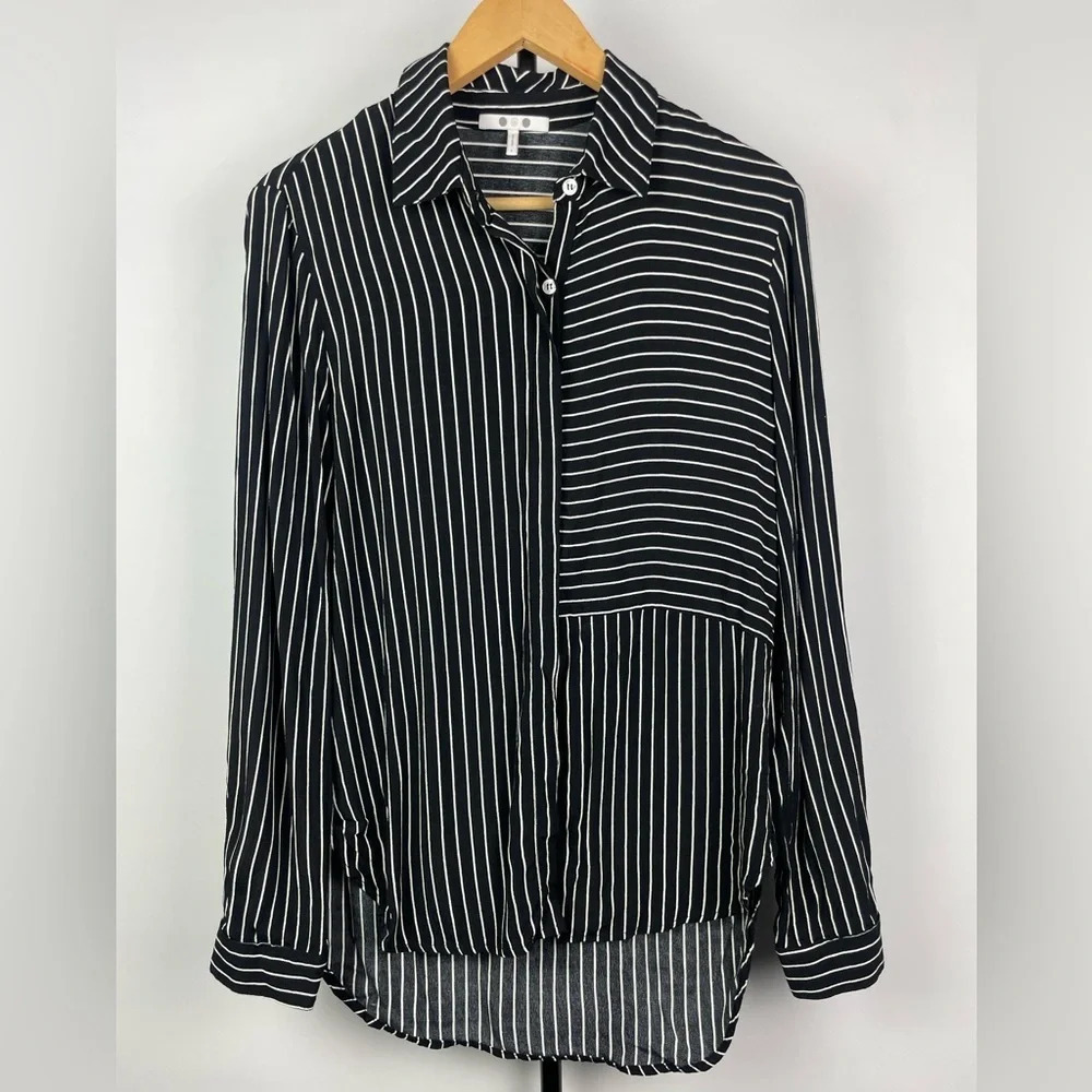 Three Dots‎ Black White Striped Long Sleeve Button Up Tunic Top - Picture 3 of 10